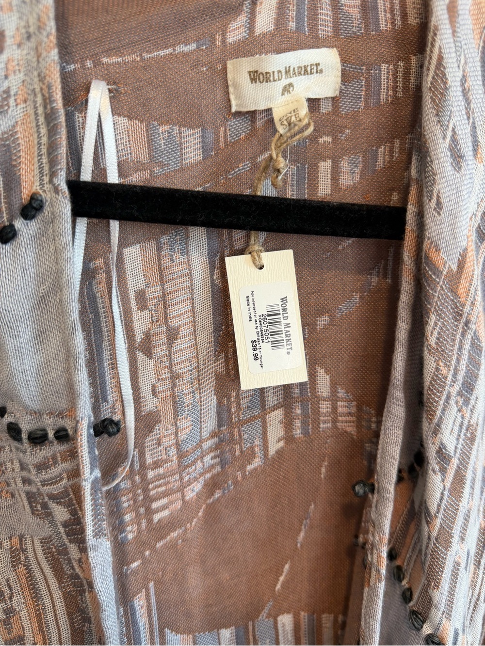 NWT World Market Duster/Kimono. Cotton / Viscose. Tan Light Blue Embroidered - Picture 5 of 8
